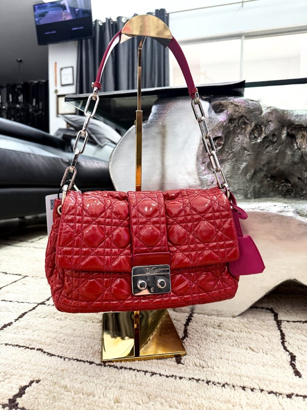 Christian Dior Chain-Link Shoulder Bag Red and Pink